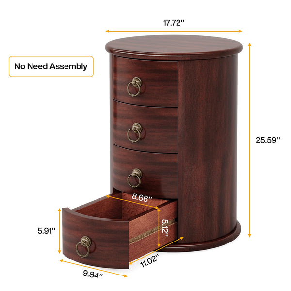 Round Solid Wood Side Table with 4 Drawers – Set of 2