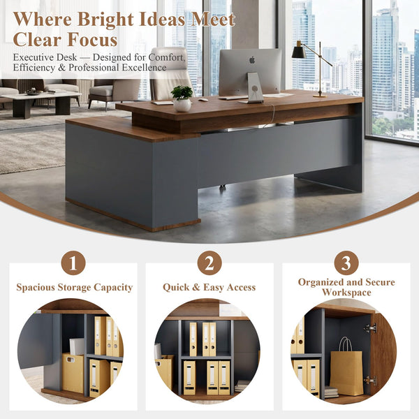 L-Shaped Executive Desk with Storage Cabinet & Open Shelves, 78.74"