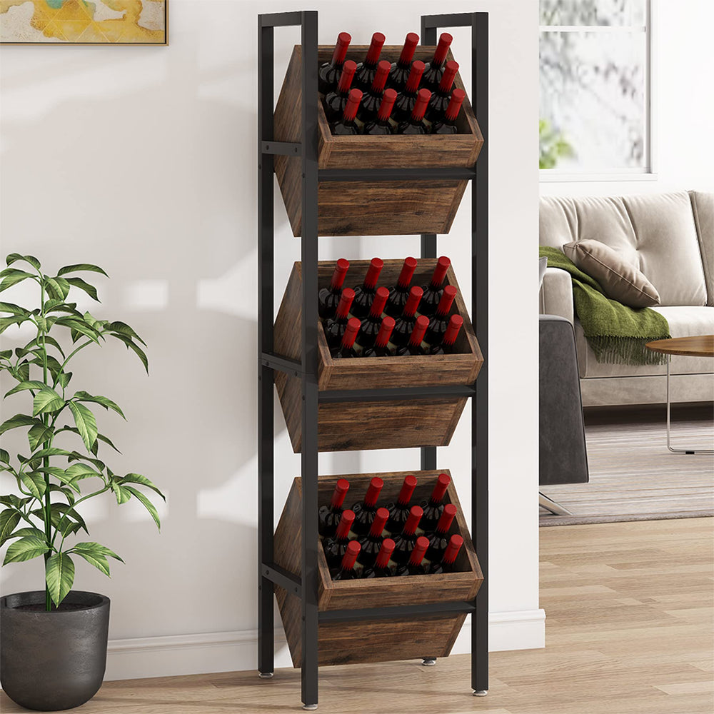 3-Tier Freestanding Wooden Wine Rack with Metal Frame