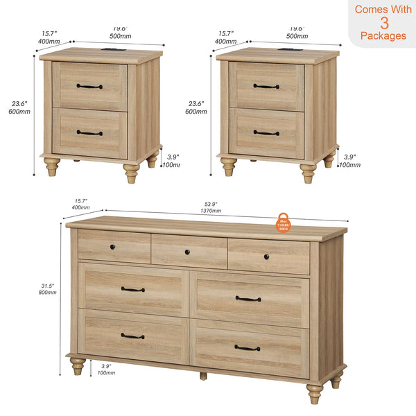3-Piece Bedroom Set – 7-Drawer Dresser & 2 Nightstands with Charging Station, Oak