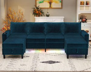 U-Shaped Sectional Sofa with LED Lights, Wireless Charging & Storage Ottomans
