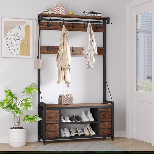 5-in-1 Hall Tree with Bench, Drawers, Shoe Rack & Hooks – 39"W