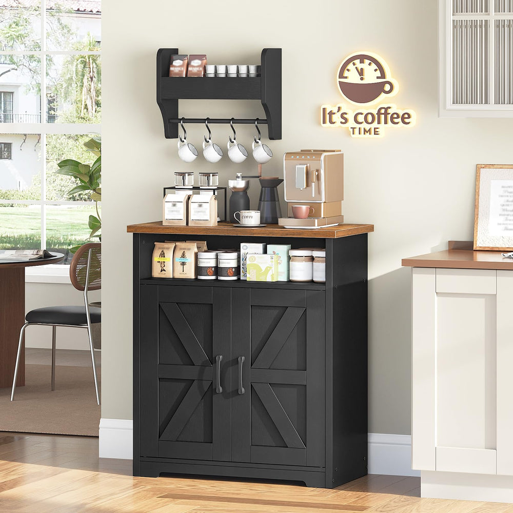 Coffee Bar Cabinet with Floating Shelf & Hooks
