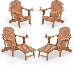 Folding Adirondack Chairs with Retractable Footrest & Cup Holders – HDPE, 400 LBS Capacity