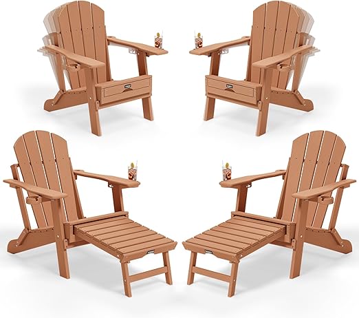 Folding Adirondack Chairs with Retractable Footrest & Cup Holders – HDPE, 400 LBS Capacity