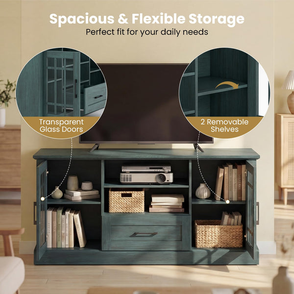 62-Inch Farmhouse TV Stand with Storage Cabinets and Glass Doors