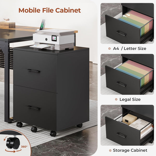 L-Shaped Executive Desk with File Cabinet & Power Outlets