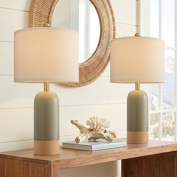 PoKat 24'' White Ceramic Table Lamps Set of 2, Farmhouse Bedside Lamps for Bedroom, Modern Nightstand Lamps for Living Room, Boho Rustic Table Lamps for Office Entryway Hallway, White & Earthy Yellow