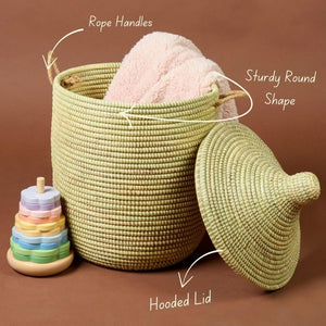 Handwoven Wicker Storage Basket with Removable Lid & Rope Handles