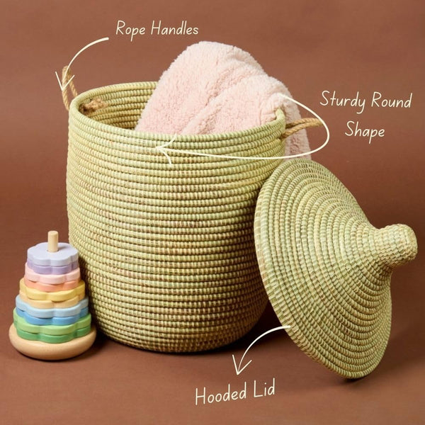 Handwoven Wicker Storage Basket with Removable Lid & Rope Handles