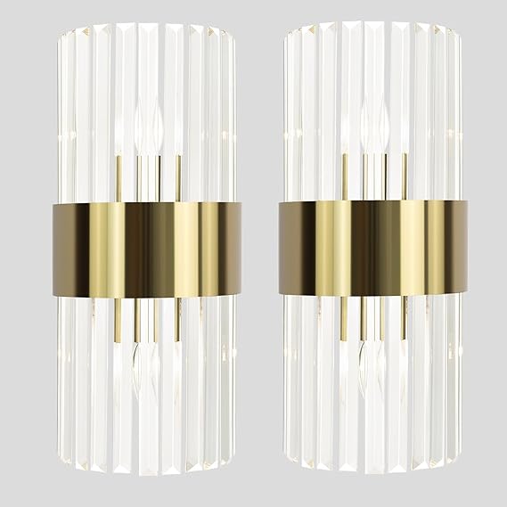 Gold Crystal Wall Sconces Set of 2 – Mid-Century Modern Glass Wall Light Fixtures