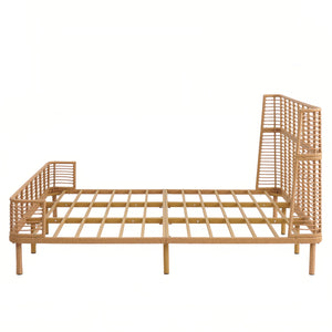 Boho Rattan Platform Bed Frame with Wingback Headboard