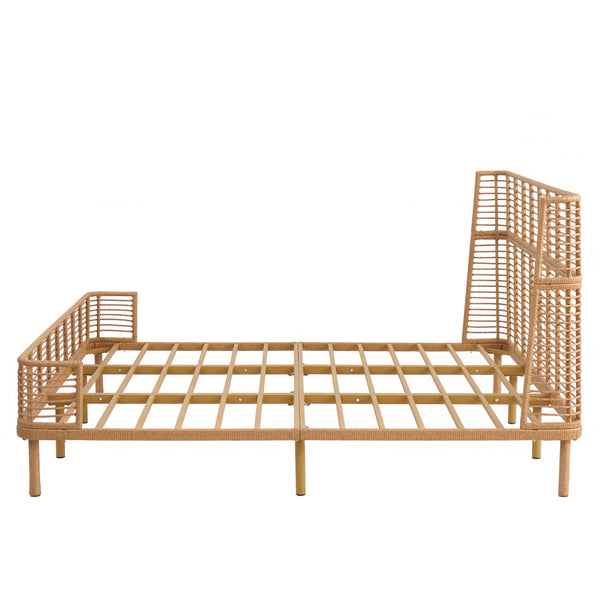 Boho Rattan Platform Bed Frame with Wingback Headboard