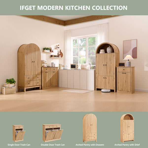 71" Tall Arched Kitchen Pantry Cabinet with Fluted Doors & Adjustable Shelves