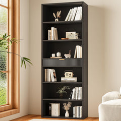 7-Tier Tall Bookcase with Drawer – Black