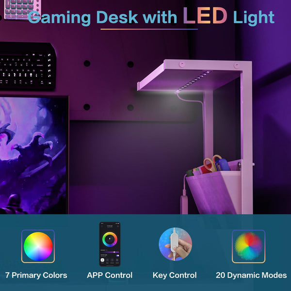 Computer Desk with LED Lights, Power Outlets & Storage – Small Gaming & Home Office Desk