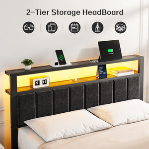 Queen Platform Bed Frame with LED Lights & Charging Station