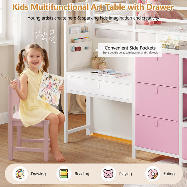 Twin Low Loft Bed with Desk, Storage Drawers, Bookshelf & LED Lights
