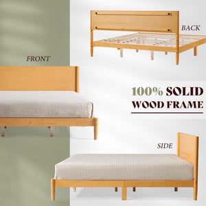AMERLIFE 3 Piece Bedroom Set Includes Solid Wood Queen Platform Bed Frame with Headboard and 2 Nightstands with Spindle-Turned Legs, Mid Century Modern Bedroom Furniture, Natural