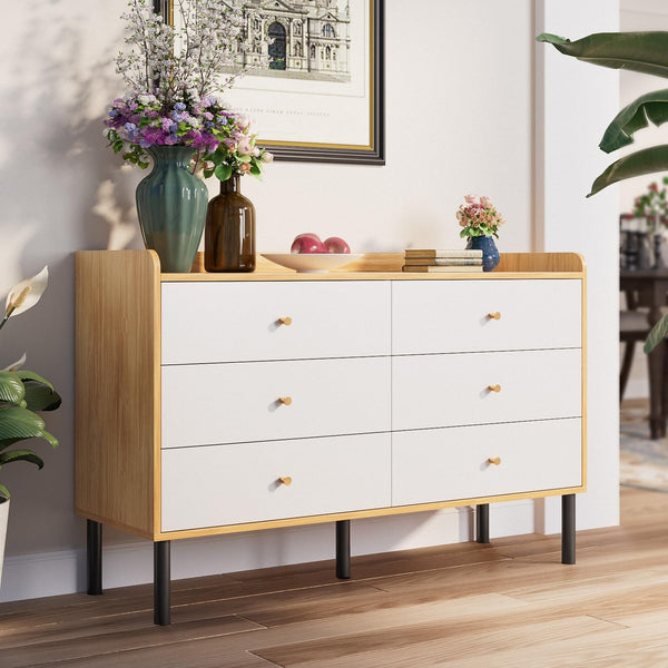6 Drawer Dresser with Wood Frame and Metal Handles