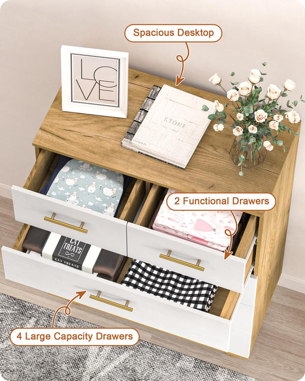 6-Drawer Dresser with Solid Pine Core – White & Light Wood