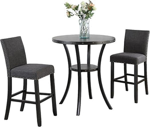 3-Piece Bar Height Dining Set – Round Table & Nail Head Stools