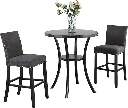 3-Piece Bar Height Dining Set – Round Table & Nail Head Stools