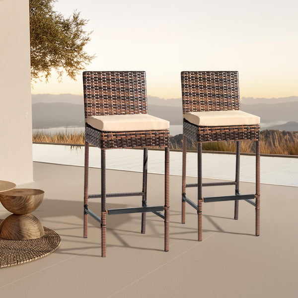 Outdoor Wicker Bar Stools Set of 2 with Cushions