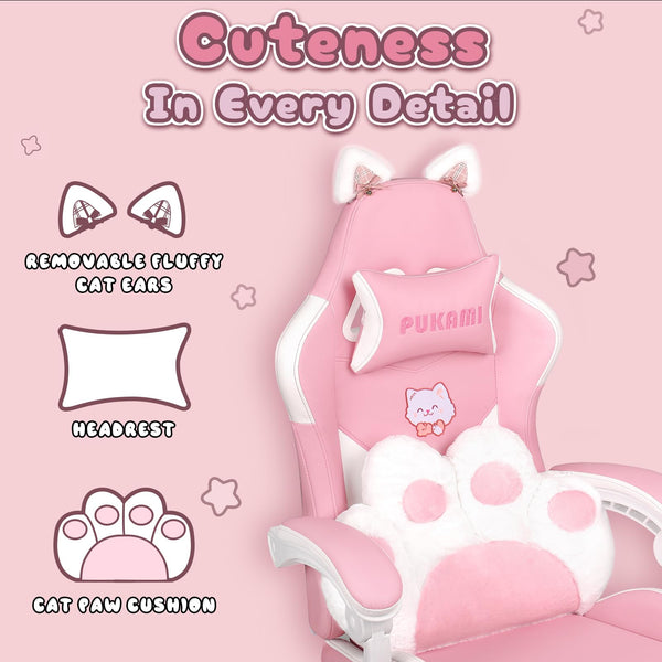 Kawaii Cat Gaming Chair with Footrest & Recliner