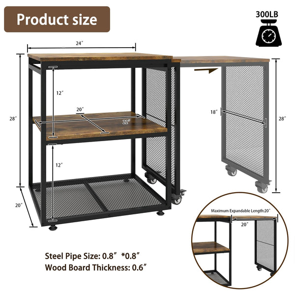 Rolling Printer Stand with Storage Shelves & Extendable Craft Table