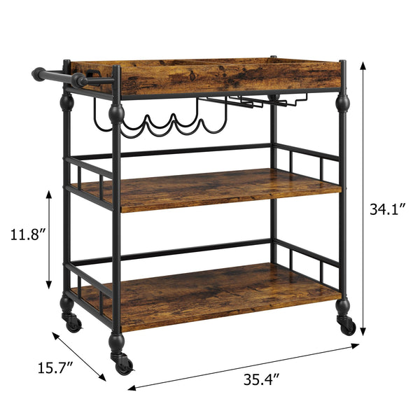 3-Tier Rolling Bar Cart with Removable Tray & Wine Rack