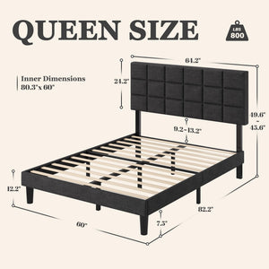 Queen Platform Bed Frame with Adjustable Upholstered Headboard