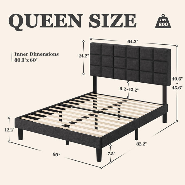 Queen Platform Bed Frame with Adjustable Upholstered Headboard