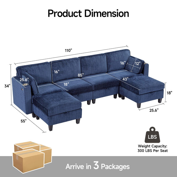110" U-Shaped Modular Sectional Sofa with Storage & Charging