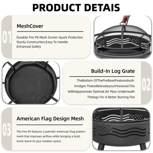 32-Inch American Flag Round Fire Pit