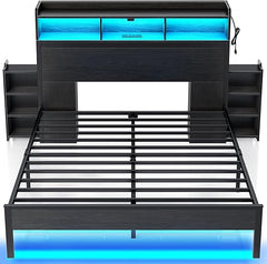 Metal Bed Frame with Storage Headboard, LED Lights & Charging Station