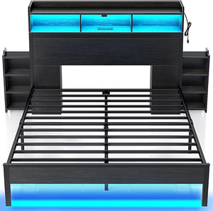 Metal Bed Frame with Storage Headboard, LED Lights & Charging Station