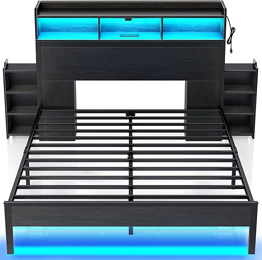 Metal Bed Frame with Storage Headboard, LED Lights & Charging Station