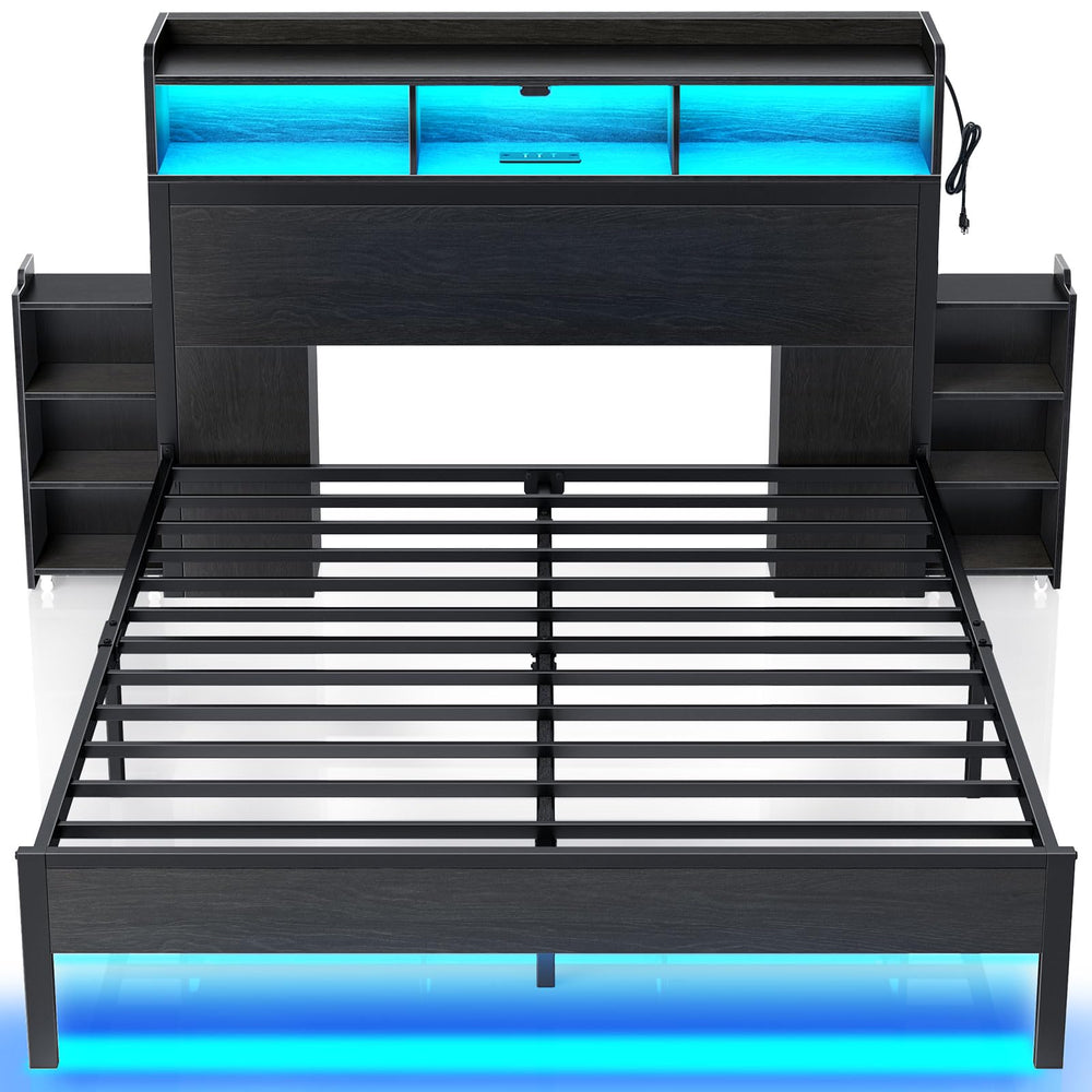 Metal Bed Frame with Storage Headboard, LED Lights & Charging Station