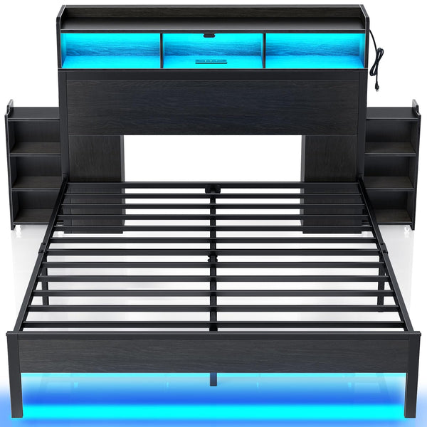 Metal Bed Frame with Storage Headboard, LED Lights & Charging Station