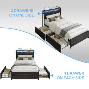 Twin XL Bed Frame with Storage Drawers, LED Light & Charging Station