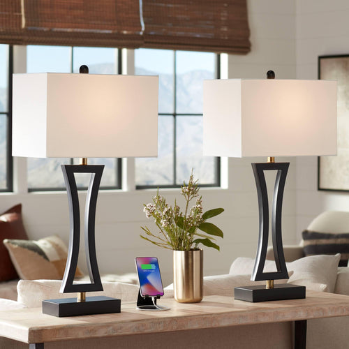 Modern Table Lamps with USB Ports – Set of 2, Black Metal, Rectangular Shade, 31" Tall