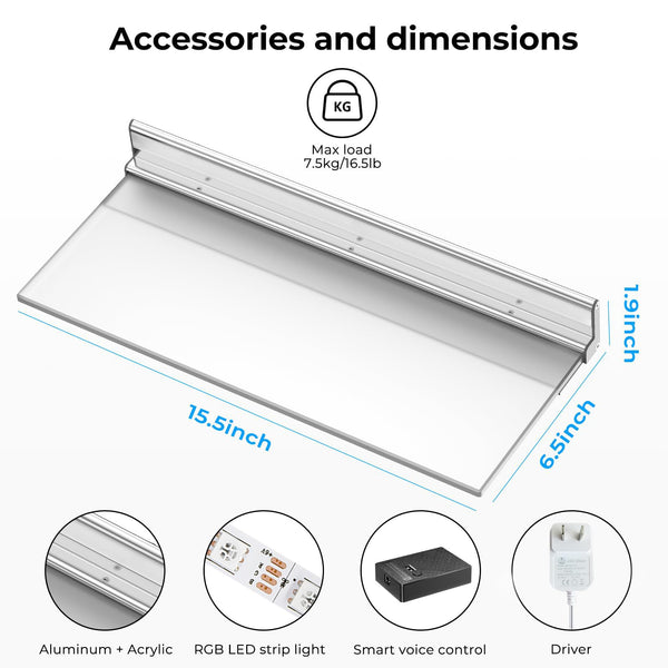 RGB LED Floating Wall Shelves with Smart Voice Control – 2 Pack