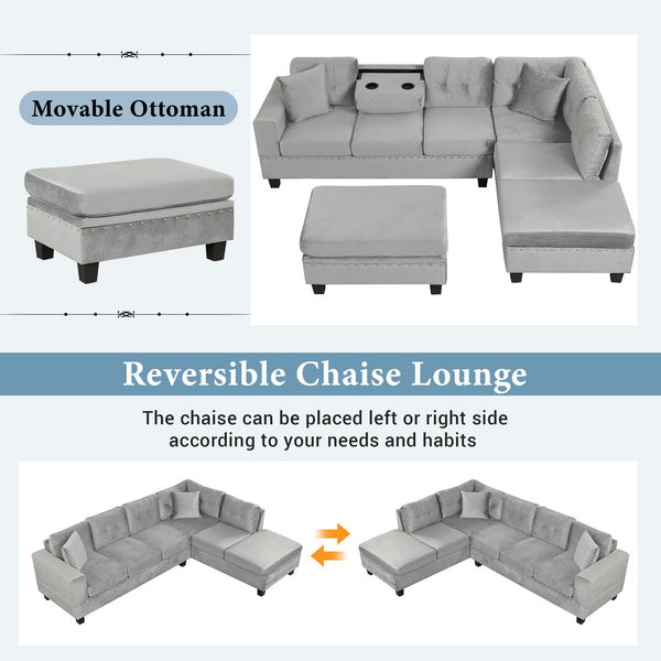 L-Shaped Sectional Sofa with Storage Ottoman & Reversible Chaise