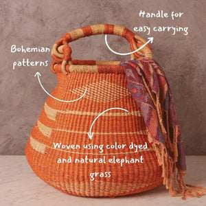 Handwoven Bolga Pot Basket with Handle – 16 Inch Wide Storage Basket