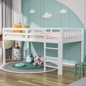 Twin Low Loft Bed Frame with Guardrail and Ladder