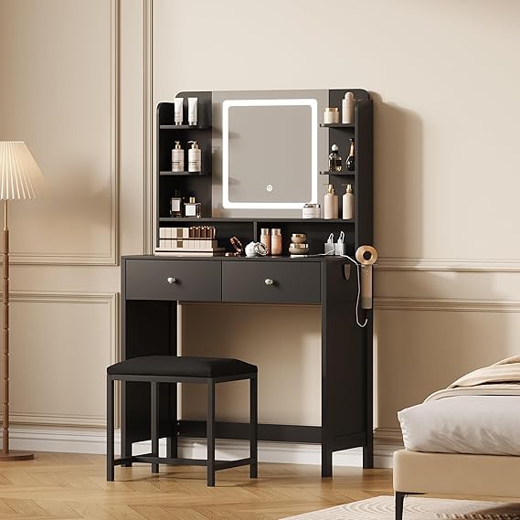 Lighted Vanity with Mirror, Stool & Storage