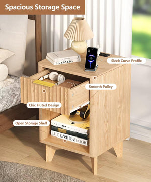 Fluted Nightstand with Charging Station & LED Light