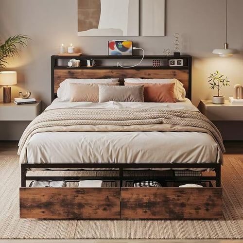 King Bed Frame with Storage Headboard, 2 Drawers & Charging Station