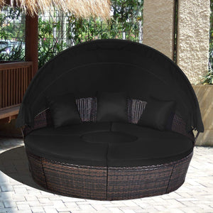 Outdoor Round Rattan Daybed with Retractable Canopy & Adjustable Coffee Table